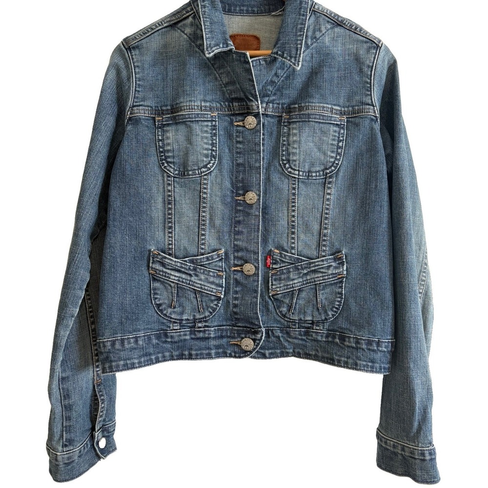 Premium Vintage Levis Sunset Denim Jacket Womens M Leather Patch Pleated Cropped